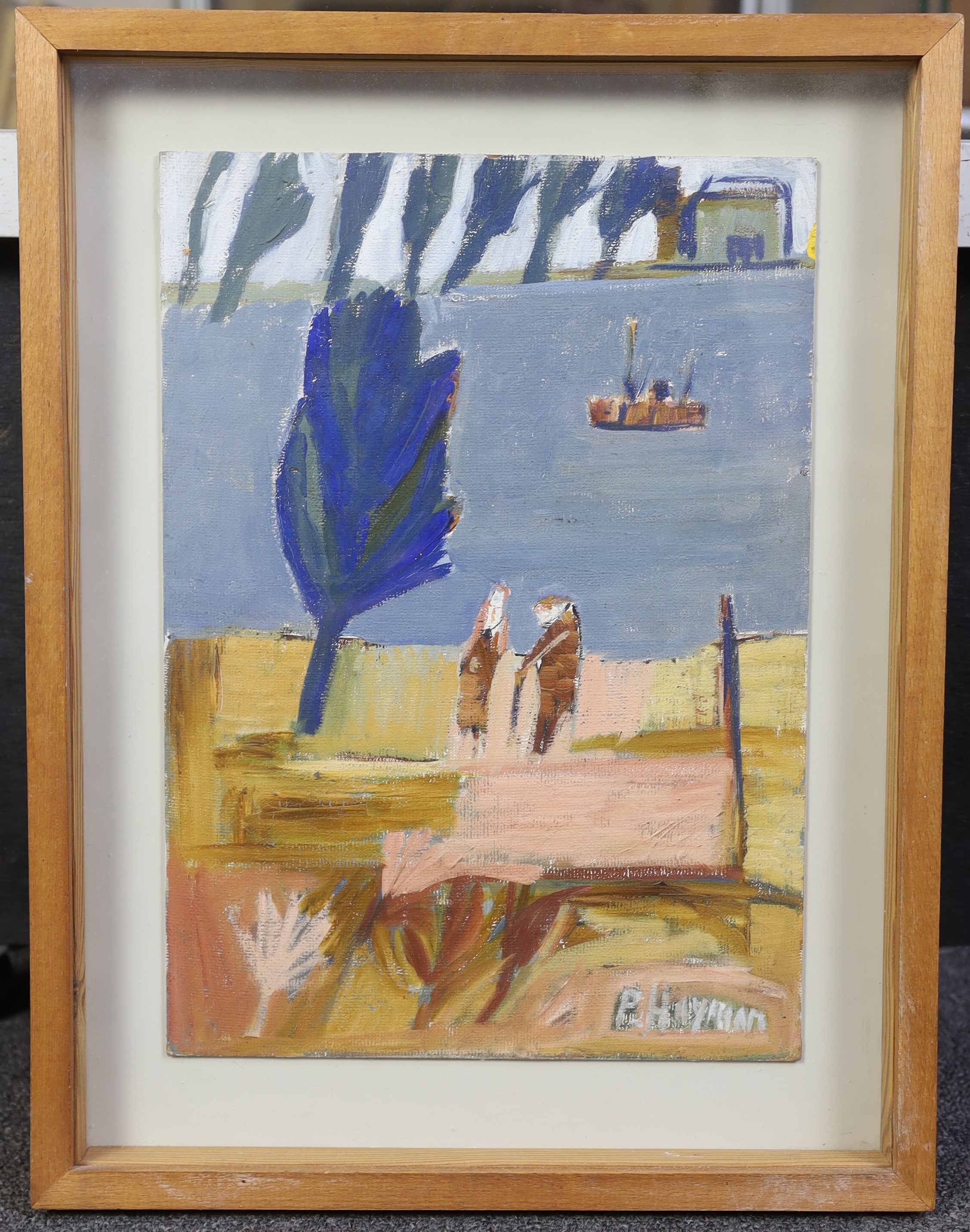 Patrick Hayman (English, 1915-1988), 'Conversation by the river', oil on board, 35 x 25cm